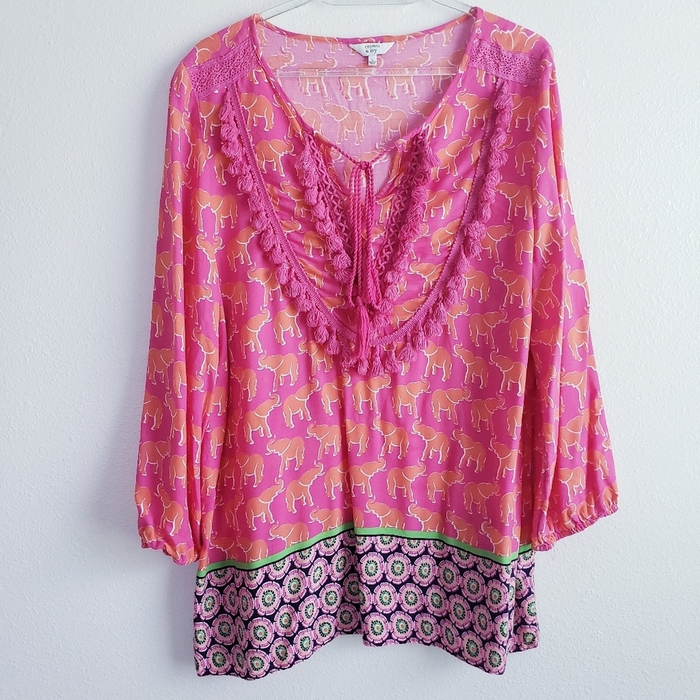 Crown & Ivy Elephant Abstract Bohemian Print 3/4 Sleeve Blouse